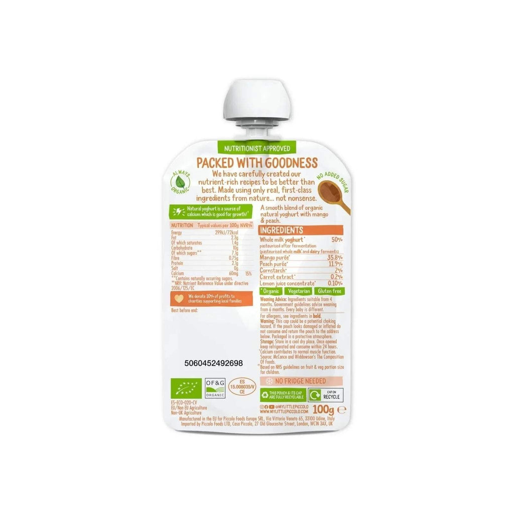Organic natural yoghurt pouch back with nutrition facts and ingredients, 6+ months, 100 g
