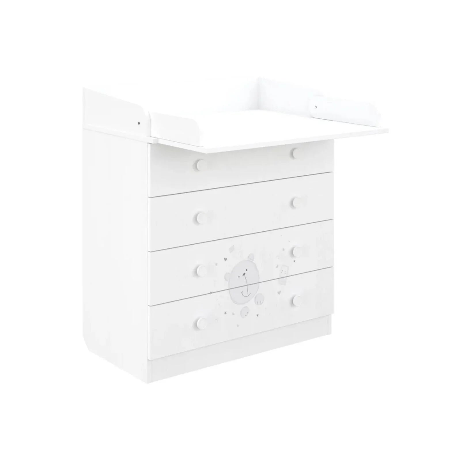 White teddy changing dresser viewed from side, with 4 drawers and arched safety rails
