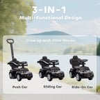 Black 2-in-1 ride-on push car walker with removable handle, seat, and four wheels