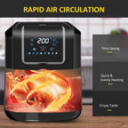 Black and grey air fryer with LED panel and visible hot-air circulation around food