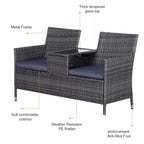 Grey PE rattan bench with two backrests, center table with glass top, and cushioned seats