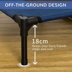 18 cm off-the-ground raised pet cot bed with blue mesh and black leg frame