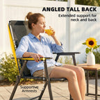 Black folding outdoor chair with angled tall back for neck support and armrests