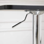Chrome support column with underside hardware for height adjustment under black tabletop.