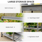 Grey potting table with built-in drawer and open shelves on both sides