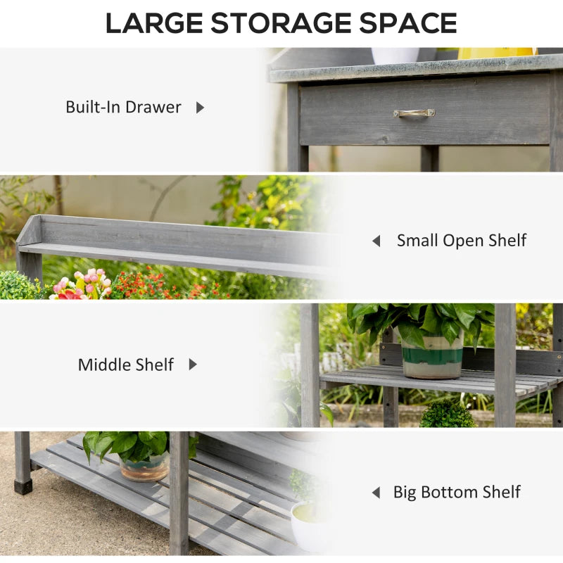 Grey potting table with built-in drawer and open shelves on both sides