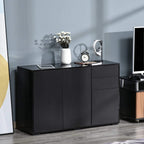 Black sideboard cabinet with two door cabinets and two push-open drawers, glossy finish