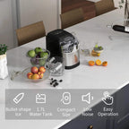 Black countertop ice maker with clear ice bin on kitchen counter