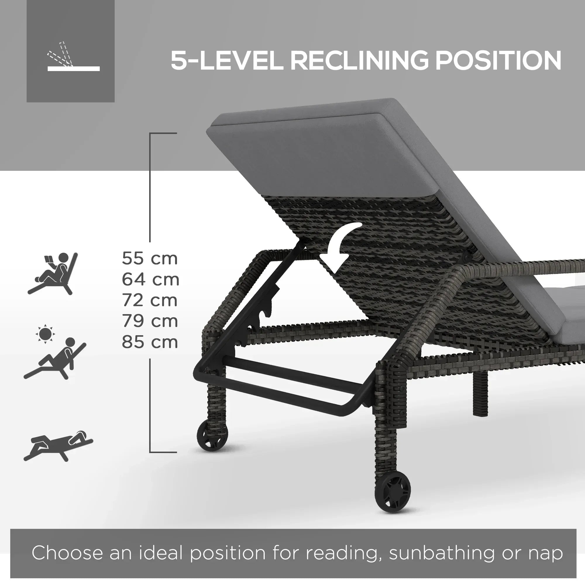 Outdoor Sun Lounger, Rattan Wicker Chaise Recliner with 5-Level Adjustable Backrest and 2 Wheels - Bobobiy