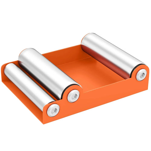 Orange motorcycle wheel cleaning roller stand with three silver metal rollers and steel frame