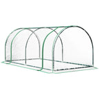 Tunnel greenhouse with green steel frame and clear PVC cover, arched ends and open base
