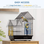 Black metal bird cage with large front door and two side access doors