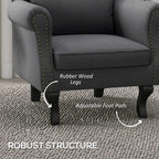 Dark grey Chesterfield-style accent chair with studded arms, curved legs, and foot pads
