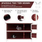 Two-tier wooden guinea pig hutch with two front mesh openings and two brown wooden doors