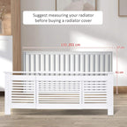 White radiator cover cabinet with horizontal vents and adjustable size span, side profile view