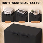 Black storage cabinet with two doors and flat top surface