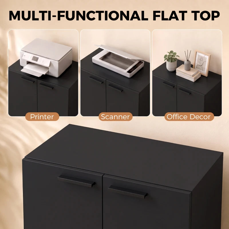 Black storage cabinet with two doors and flat top surface
