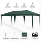 Green pop-up steel frame gazebo with open canopy and legs, with feature icons