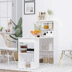 White storage hutch desk with open cubbies for jars and accessories