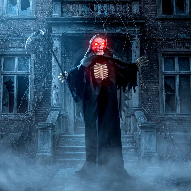 Standing grim reaper animatronic in black robe with red glowing skull and illuminated ribcage