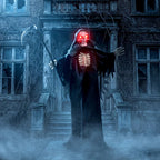 Standing grim reaper animatronic in black robe with red glowing skull and illuminated ribcage