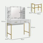 White vanity table with lighted mirror, drawers, and gold-frame cushioned stool (dimensions)