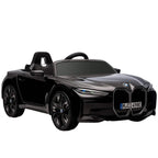Black kids electric ride-on car with front LED lights and blue BMW emblem