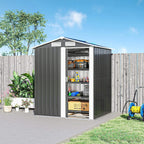 Grey metal tool shed with sliding door open, shelves organized with bins and supplies