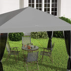 Light grey pop-up gazebo canopy with dark mesh side panels around a patio table