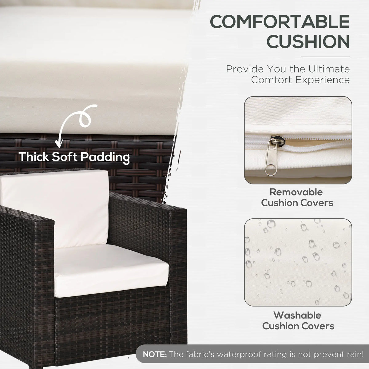 Brown wicker garden armchair with thick white cushions and removable, washable covers