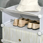 White six-cube storage unit interior shelf with fabric panel and round grommet pull