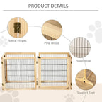 Natural wood pet gate with black wire mesh, metal hinges, and support feet detail.