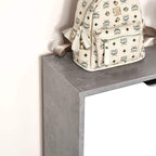 Grey and white two-drawer shoe cabinet with flat top surface and groove pull handles