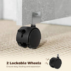 Grey folding table with two lockable caster wheels beneath the side frame
