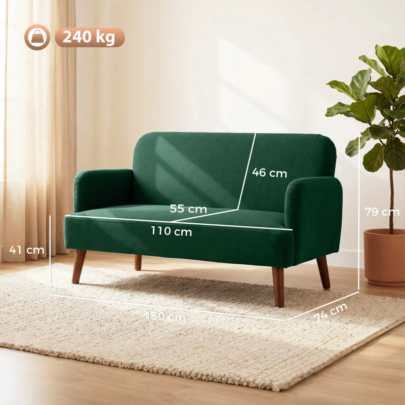 Dark green loveseat sofa with armrests and wooden legs, shown with size markings