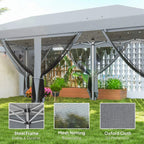 Grey pop-up gazebo tent with mesh windows and hanging curtains, side view