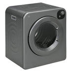 Grey freestanding tumble dryer with front loading door and control dial