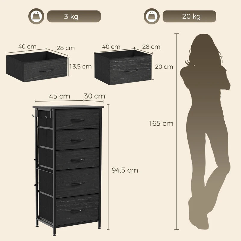 Black tall storage dresser with 5 fabric drawers; size layout shown in cm.