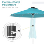 Blue patio umbrella with manual crank mechanism; control housing shown on pole