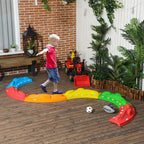 Multicolored kids stepping stones balance beam obstacle course set on outdoor wooden deck