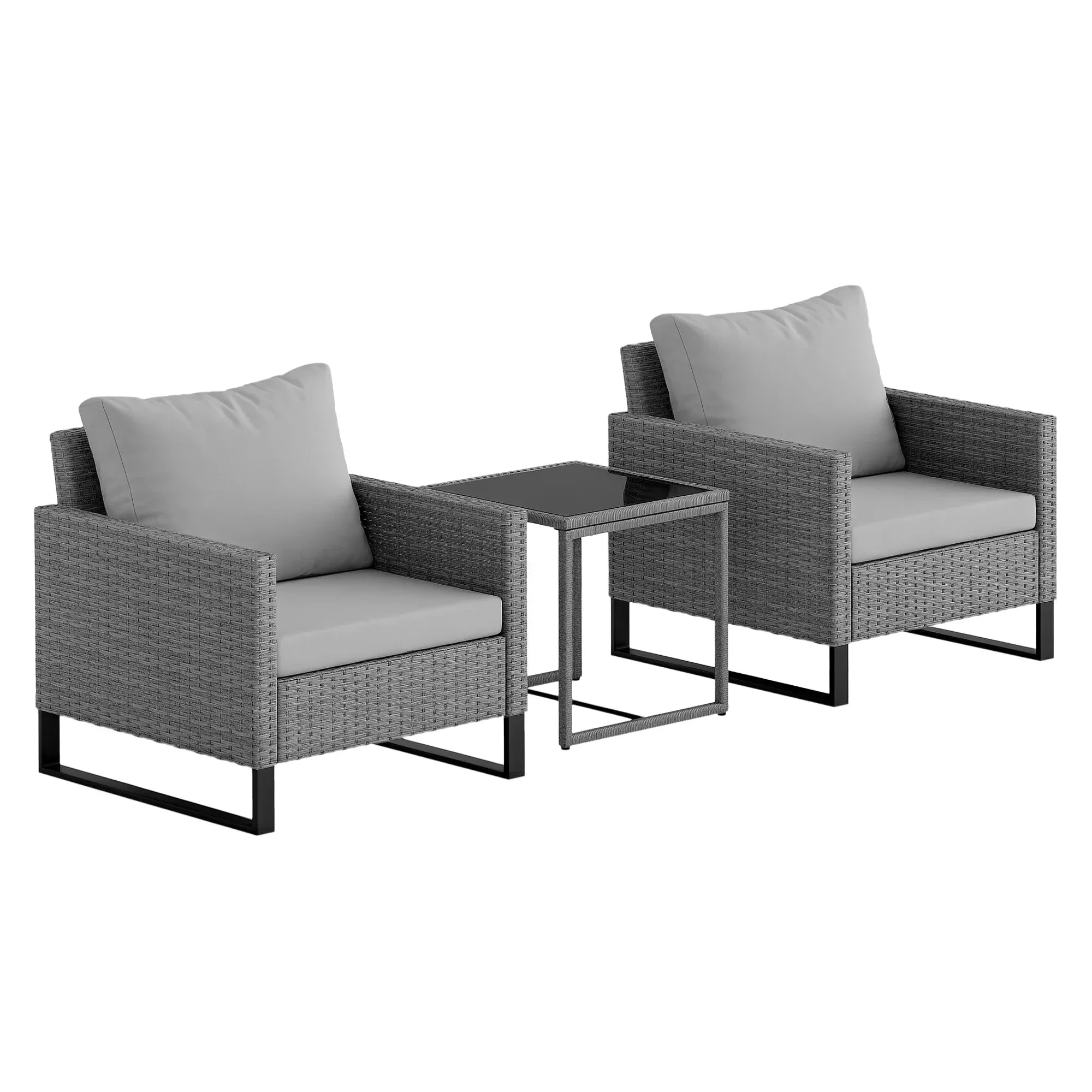 3 Pieces Rattan Bistro Set with 4 Cushions, Wicker Garden Furniture Set, Glass Top Coffee Table and Chairs for Outdoor Patio, Balcony, Terrace and Conservatory, Grey - Bobobiy
