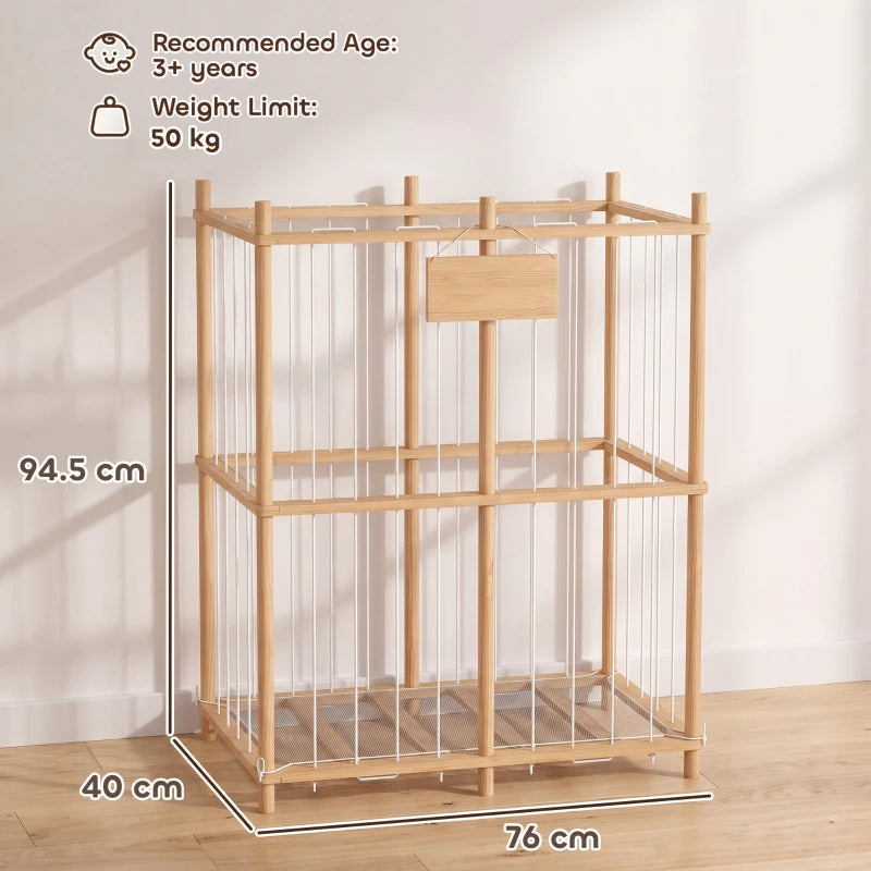 Wooden stuffed animal storage organizer with open front grid and top sign board