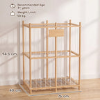 Wooden stuffed animal storage organizer with open front grid and top sign board