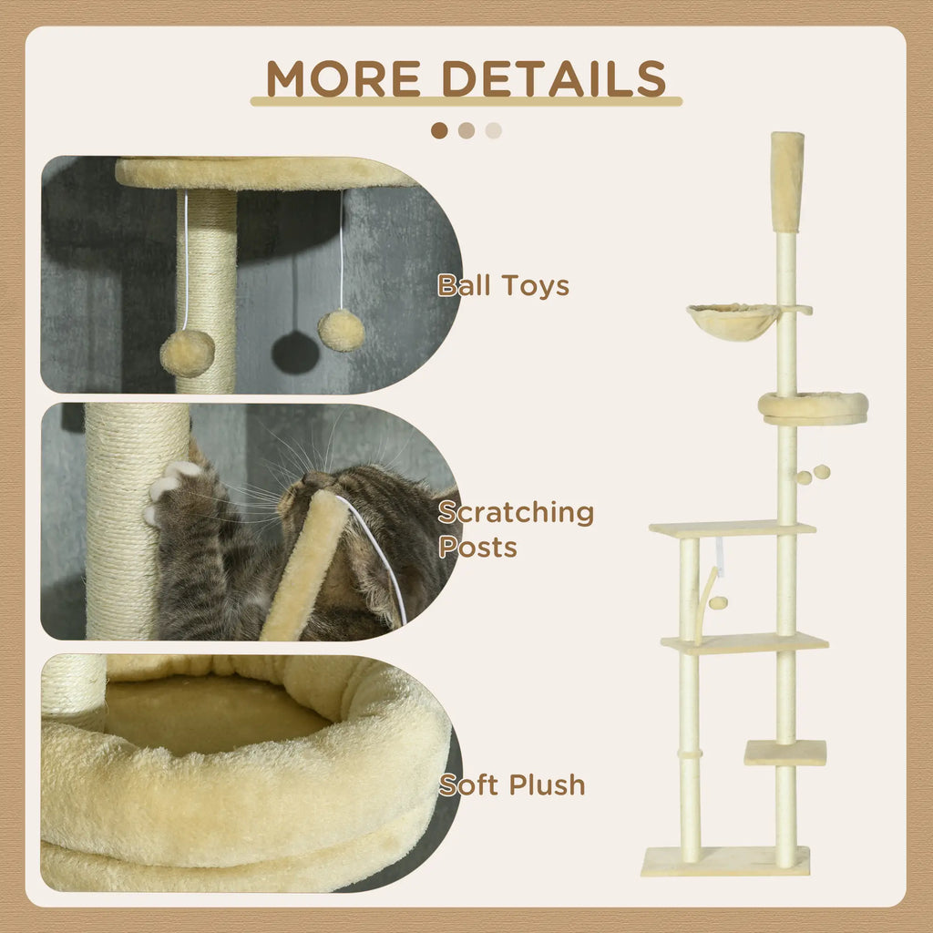PawHut 230 250cm Floor to Ceiling Climbing Cat Tree Tower Beige
