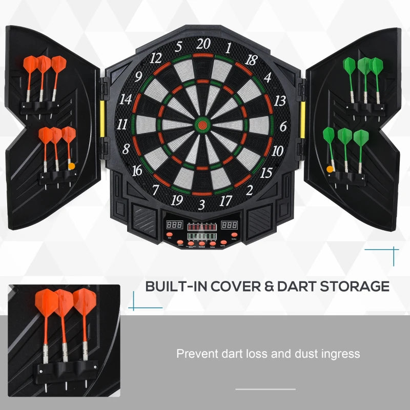 Black electronic dartboard set with folding dart storage panels and soft tip darts