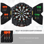 Black electronic dartboard set with folding dart storage panels and soft tip darts