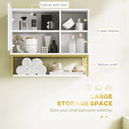 White bathroom storage cabinet with door open, two open shelves and lower shelf