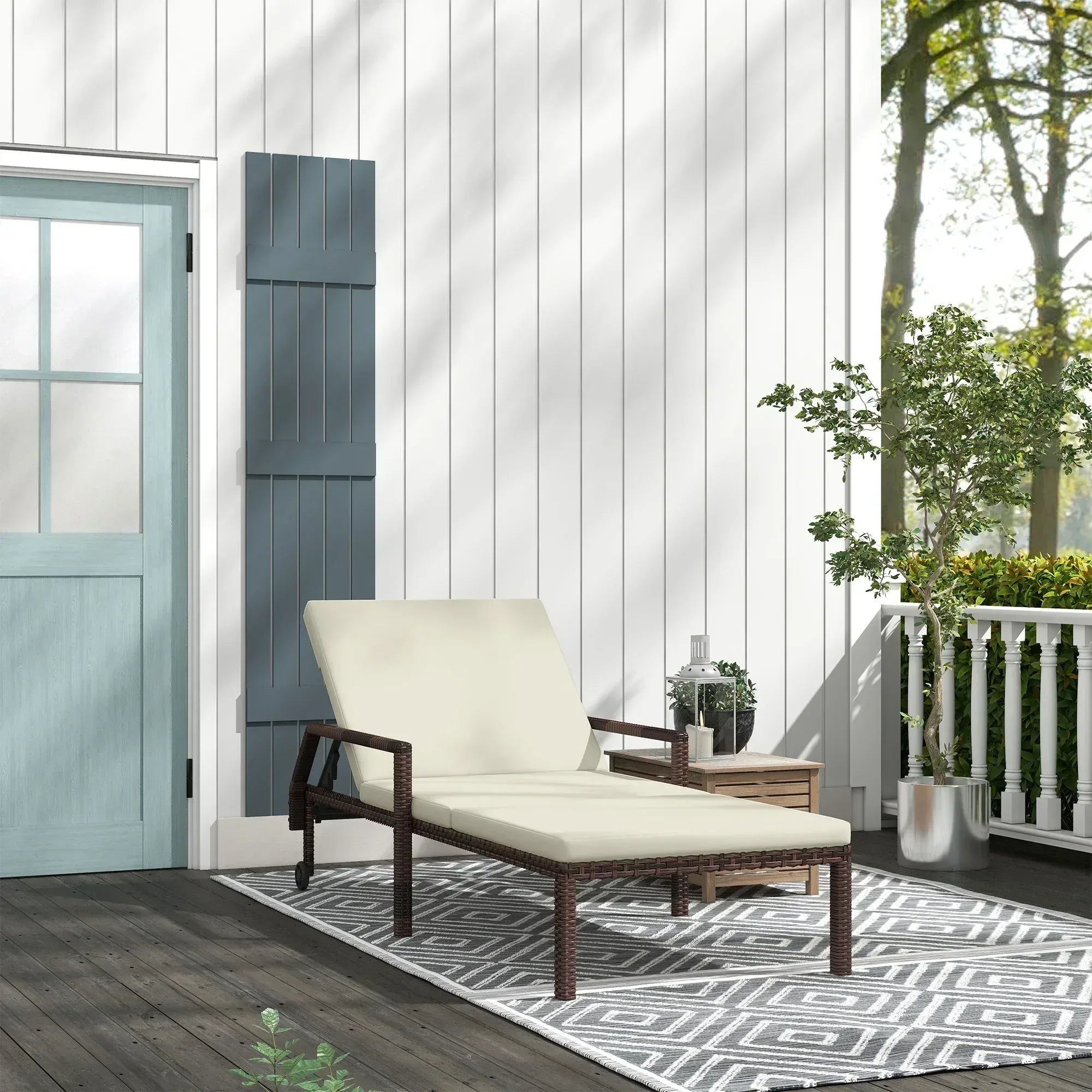 Outdoor Sun Lounger, Rattan Wicker Chaise Recliner with 5-Level Adjustable Backrest and 2 Wheels - Bobobiy