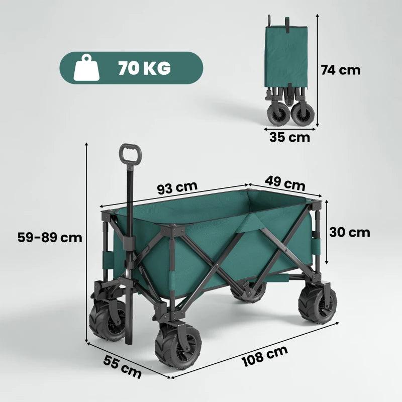 140L Festival Trolley on Wheels, Folding Camping Trolley Cart with Telescopic Handle, Big Wheels for Outdoor Garden Beach Fishing, Green