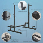 Black multifunction squat rack with spotter arms, anti-slip feet, and storage posts